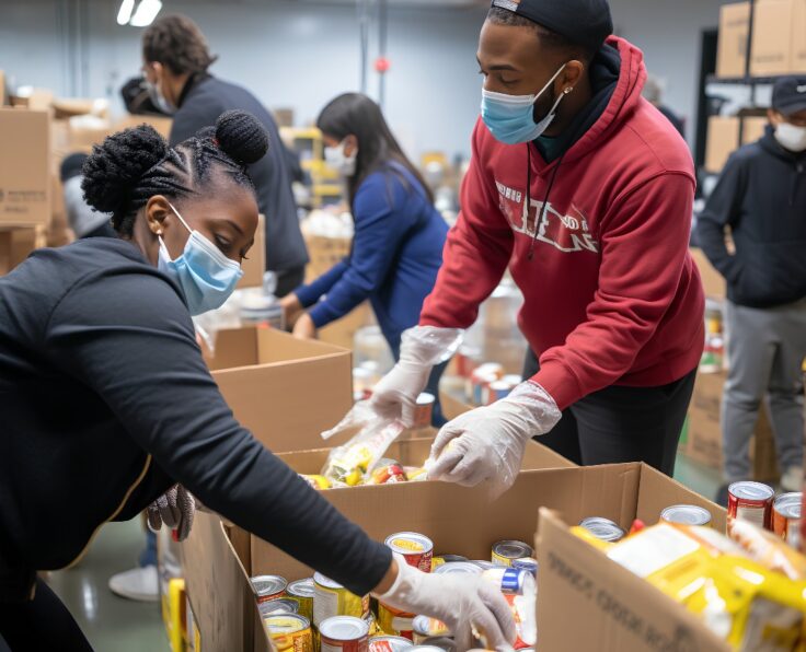 Volunteers distributing relief materials or offering help to families in need