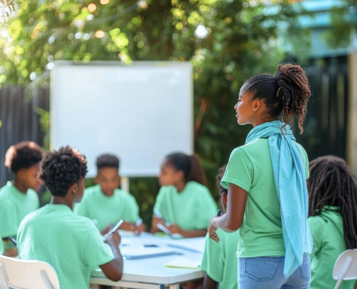 Volunteers teaching or training youth in a community hall or classroom